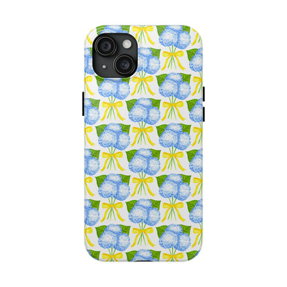 Blue Hydrangea Bouquets with Yellow Bow Ribbon Watercolor Illustrated Patterned Tough Phone Case | Various Models