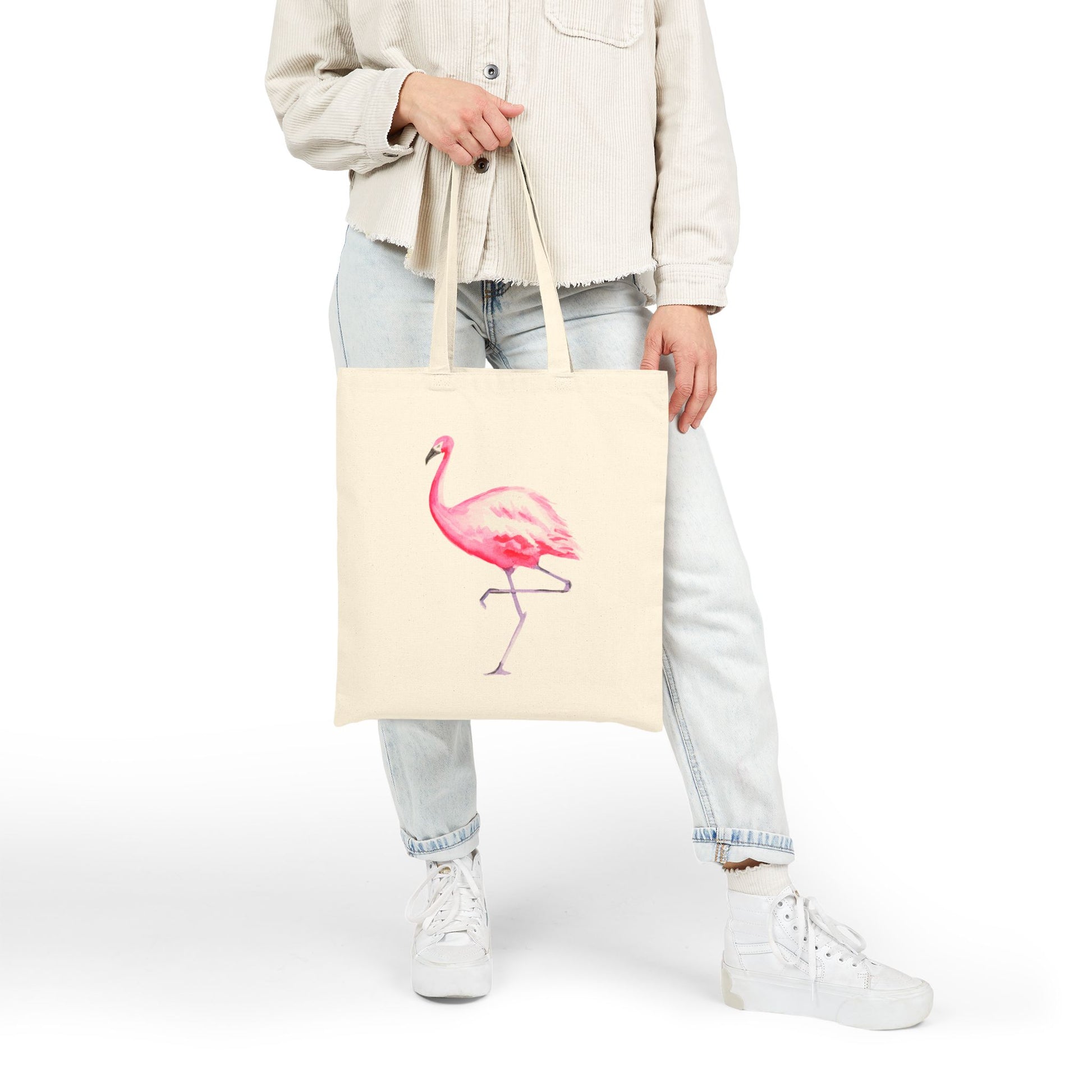 Pink Flamingo Watercolor Illustrated Canvas Tote