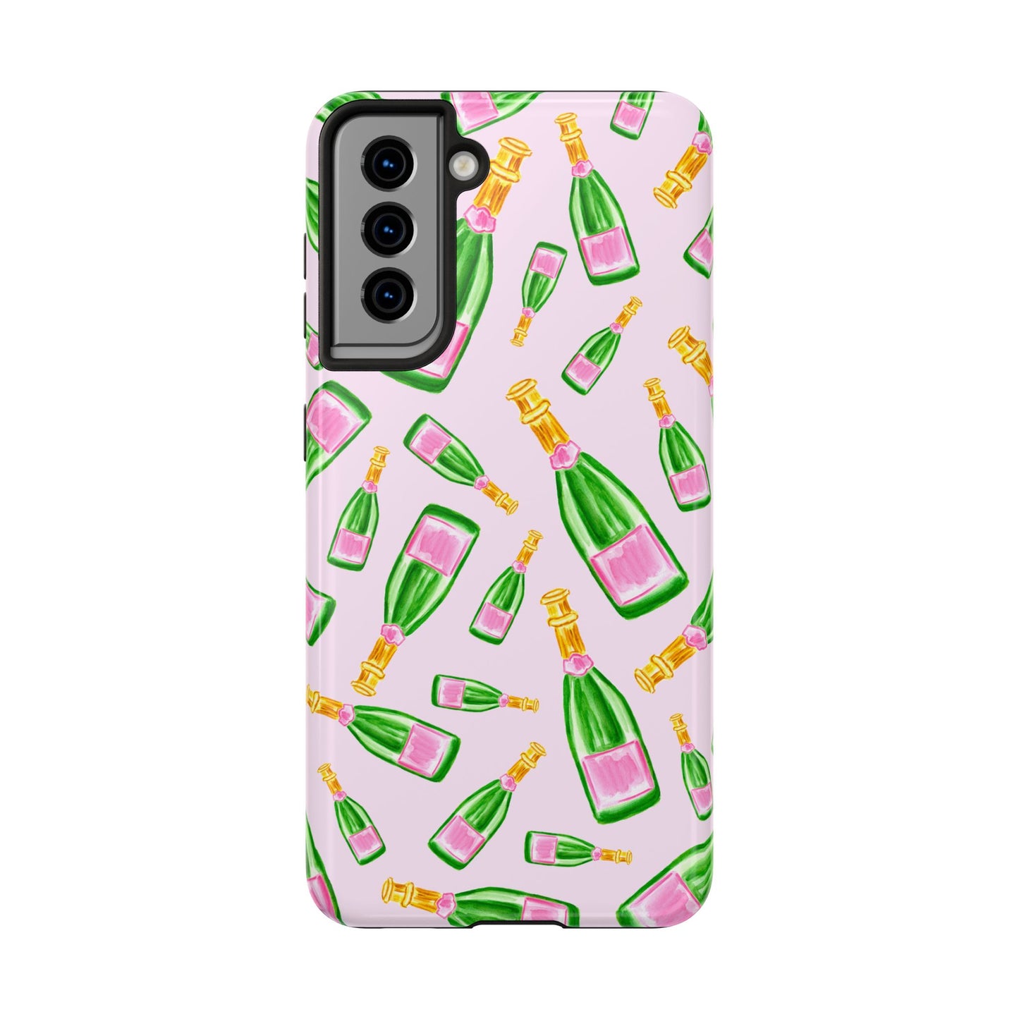 Tossed Pink and Green Watercolor Illustrated Champagne Bottles Pattern Blush Pink Tough Phone Case | Various Models