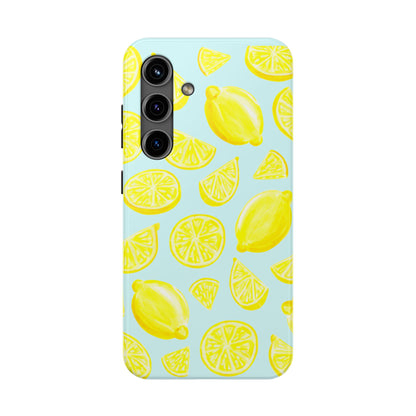 Bright Yellow Lemons Watercolor Illustrated Tossed Pattern Light Blue Tough Phone Case | Various Models