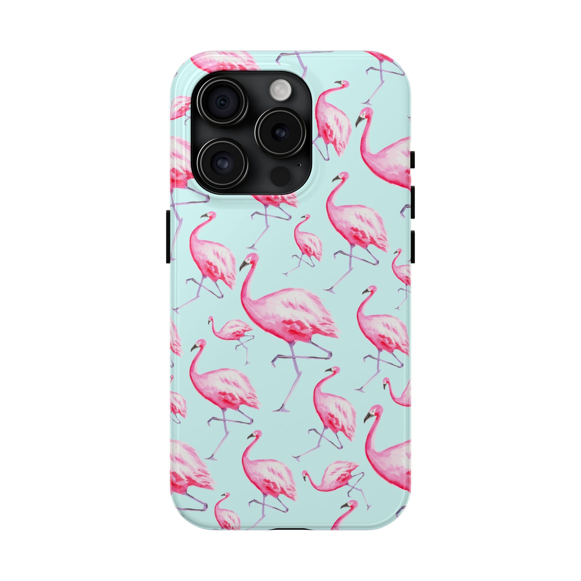 Pink Flamingos Watercolor Illustrated Tossed Pattern Blue Phone Case | Various Models iPhone 15 Pro