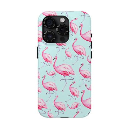 Pink Flamingos Watercolor Illustrated Tossed Pattern Blue Phone Case | Various Models iPhone 15 Pro