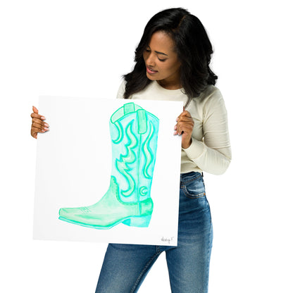 Print | Watercolor Mint Turquoise Cowboy Boot 16″×16″