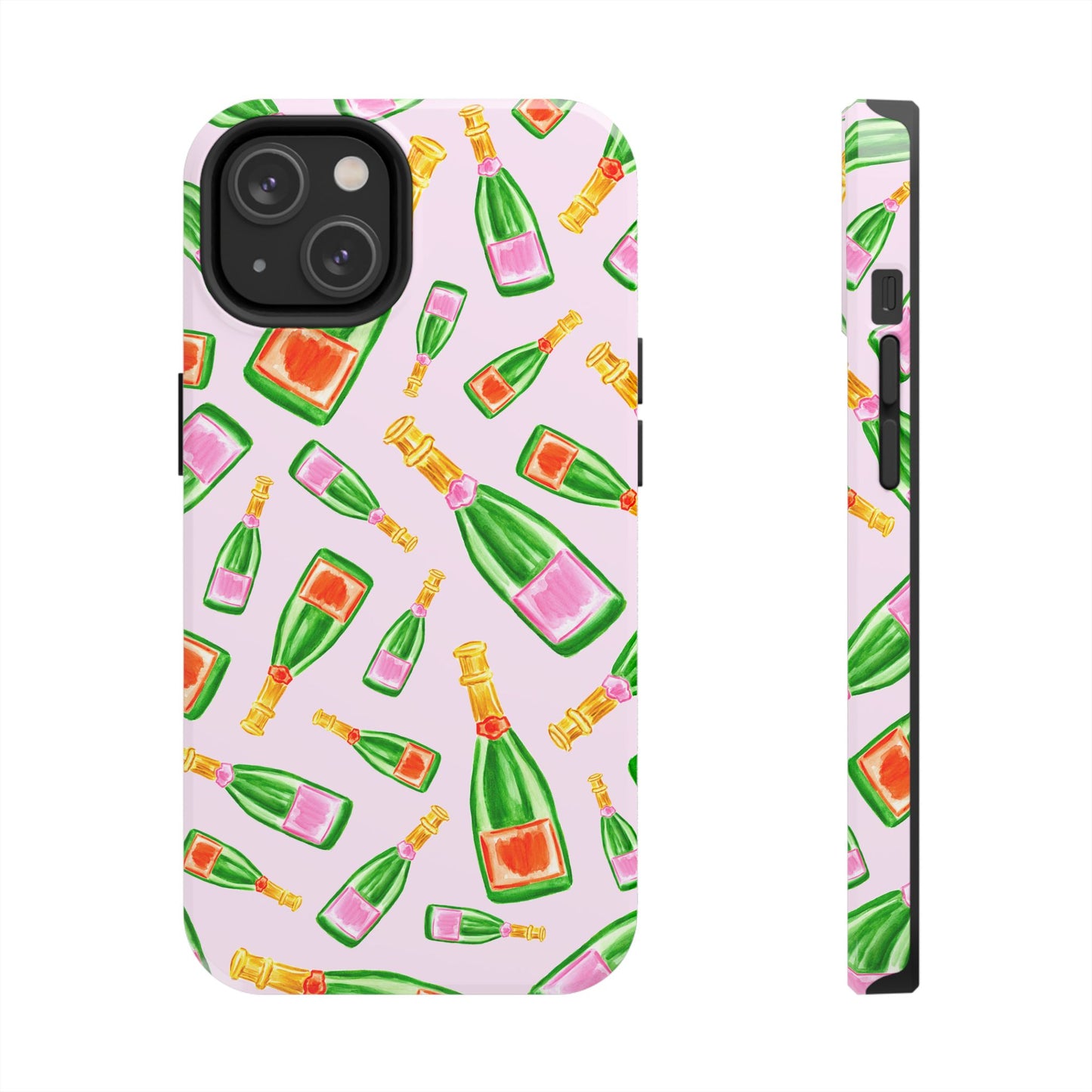 Tossed Pink and Green & Orange and Green Watercolor Illustrated Champagne Bottles Pattern Blush Pink Tough Phone Case | Various Models