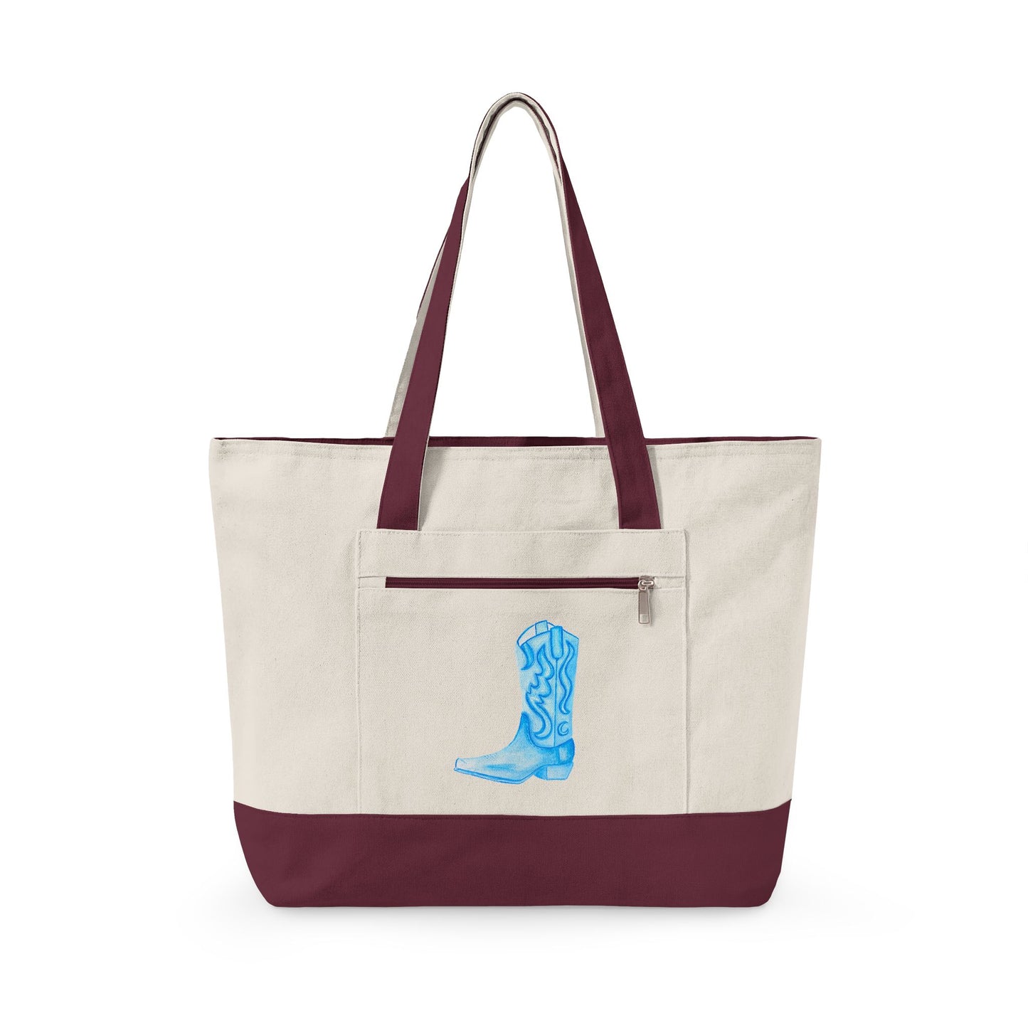 Light Blue Cowboy Boot Watercolor Printed Zippered Canvas Tote 18" x 14" | Various Colors