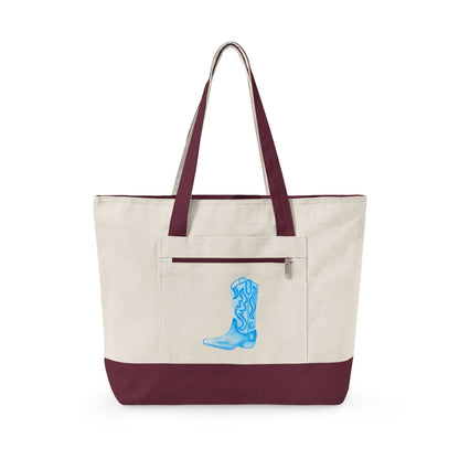 Light Blue Cowboy Boot Watercolor Printed Zippered Canvas Tote 18" x 14" | Various Colors