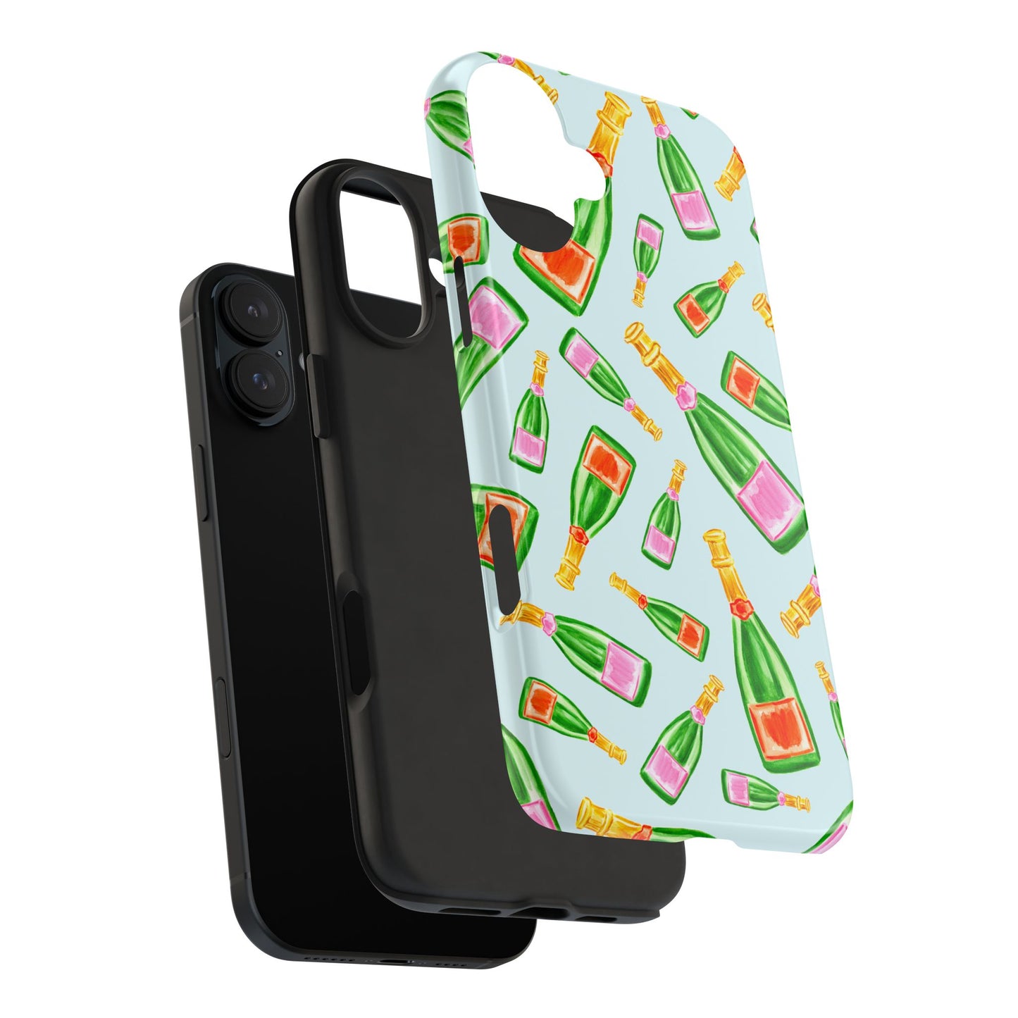 Tossed Pink and Green & Orange and Green Watercolor Illustrated Champagne Bottles Pattern Light Blue Tough Phone Case | Various Models