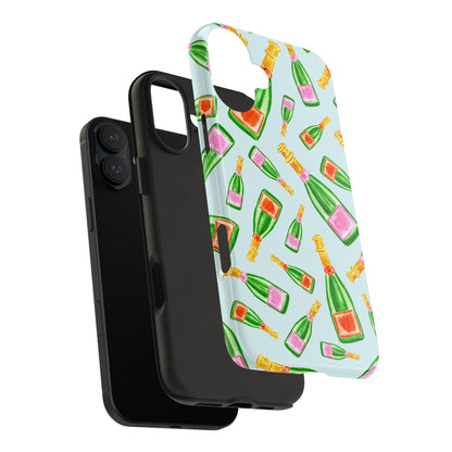 Tossed Pink and Green & Orange and Green Watercolor Illustrated Champagne Bottles Pattern Light Blue Tough Phone Case | Various Models