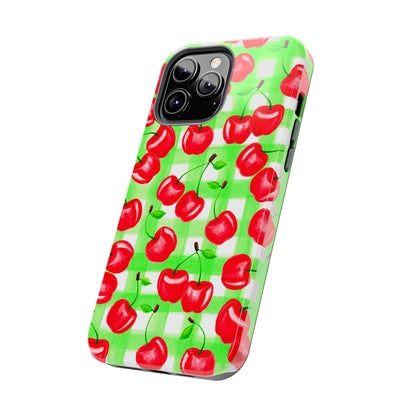 Red Tossed Cherries Green Gingham Watercolor Illustrated Tough Phone Case | Various Models Available
