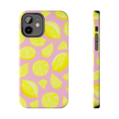 Bright Yellow Lemons Watercolor Illustrated Tossed Pattern Light Pink Tough Phone Case | Various Models