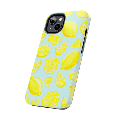 Bright Yellow Lemons Watercolor Illustrated Tossed Pattern Light Blue Tough Phone Case | Various Models