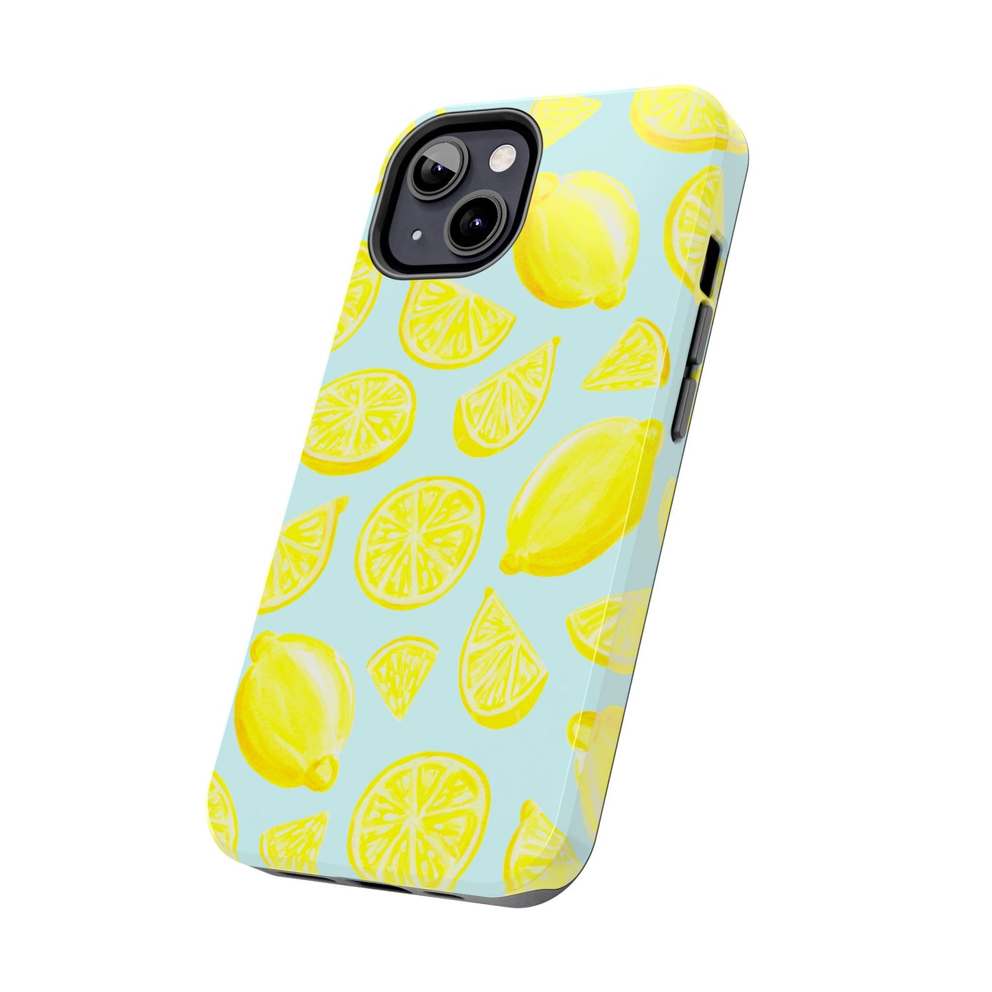 Bright Yellow Lemons Watercolor Illustrated Tossed Pattern Light Blue Tough Phone Case | Various Models