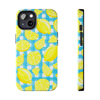 Bright Yellow Lemons Watercolor Illustrated Tossed Pattern Turquoise Gingham Tough Phone Case | Various Models