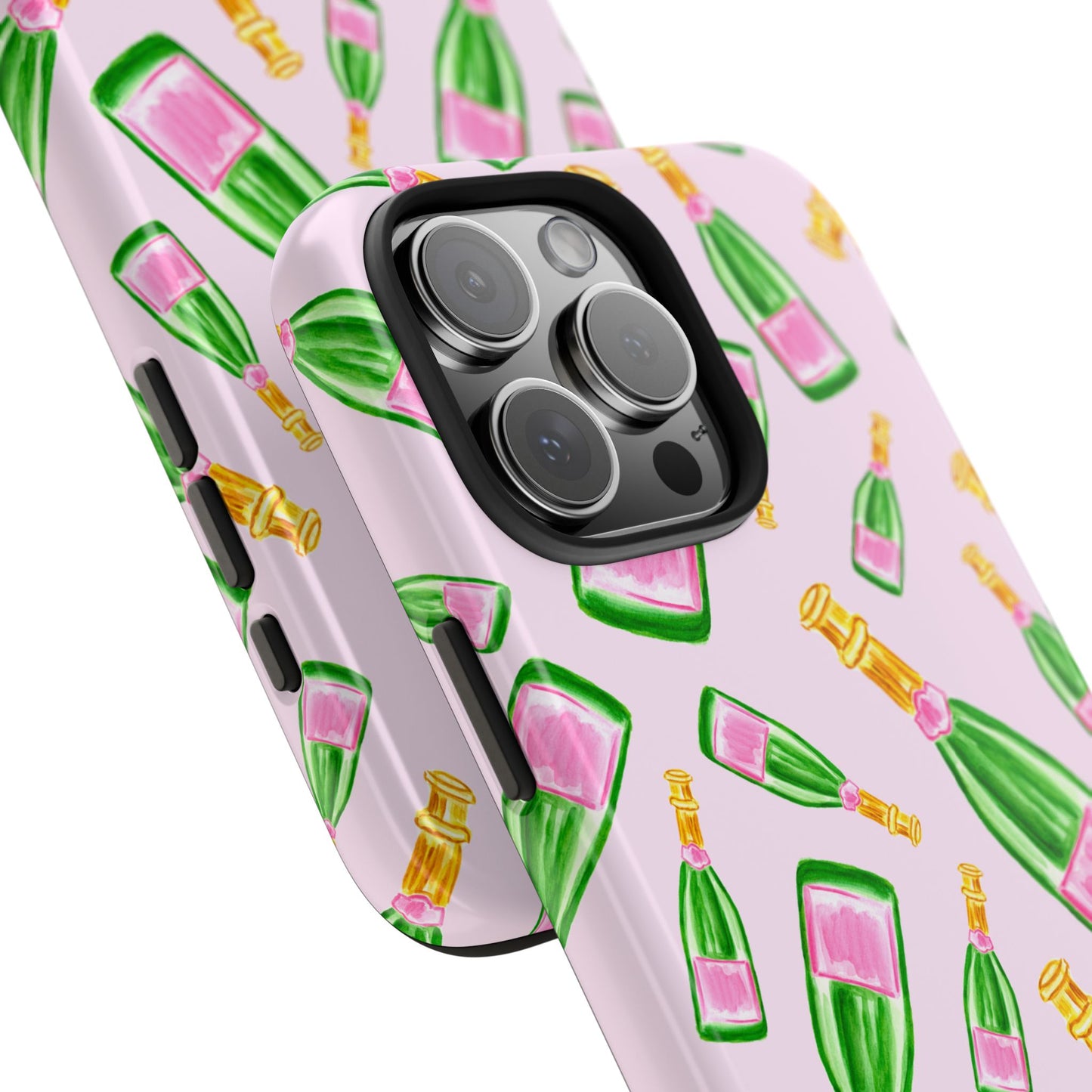 Tossed Pink and Green Watercolor Illustrated Champagne Bottles Pattern Blush Pink Tough Phone Case | Various Models