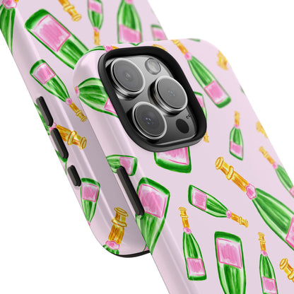 Tossed Pink and Green Watercolor Illustrated Champagne Bottles Pattern Blush Pink Tough Phone Case | Various Models