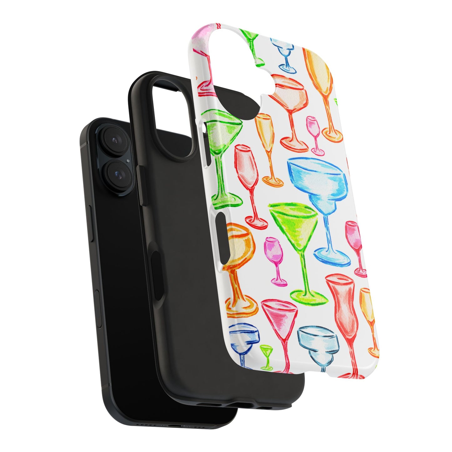 Monochromatic Margarita, Wine, Martini, and Champagne Flute Cocktail Glasses Watercolor Illustrated Tough Phone Case | Various Models Available
