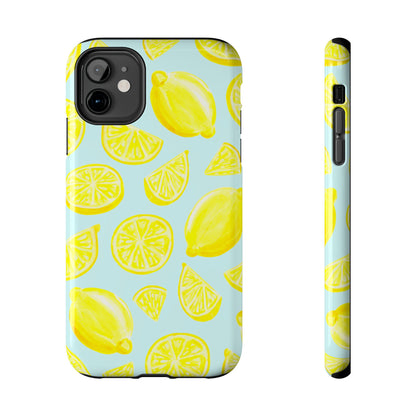 Bright Yellow Lemons Watercolor Illustrated Tossed Pattern Light Blue Tough Phone Case | Various Models