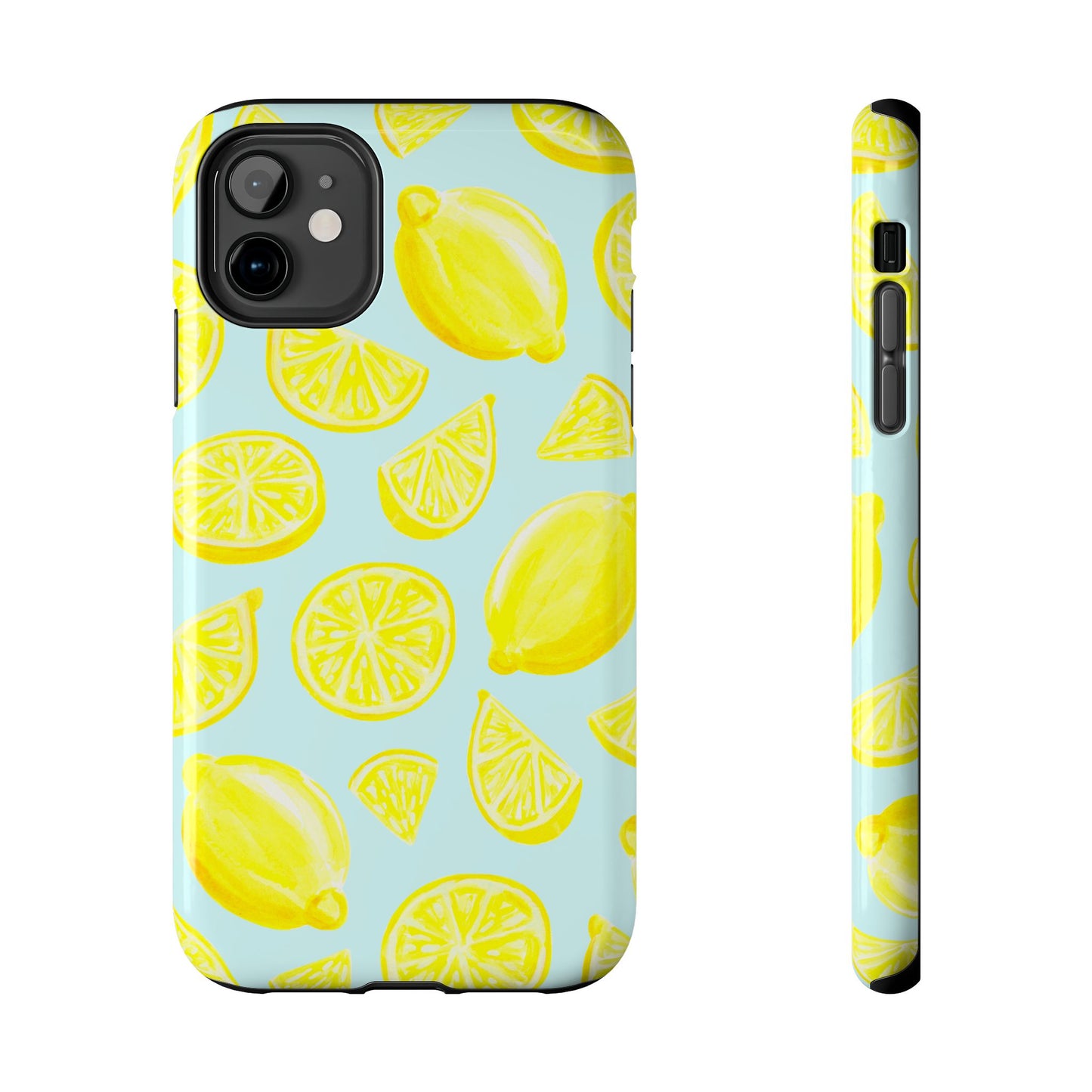 Bright Yellow Lemons Watercolor Illustrated Tossed Pattern Light Blue Tough Phone Case | Various Models