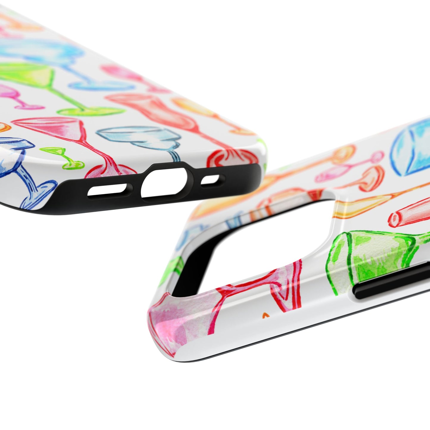 Monochromatic Margarita, Wine, Martini, and Champagne Flute Cocktail Glasses Watercolor Illustrated Tough Phone Case | Various Models Available