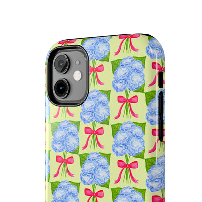 Blue Watercolor Hydrangea Bouquets with Hot Pink Bows Illustrated Patterned Yellow Preppy Grand Millenial Tough Phone Case | Various Models