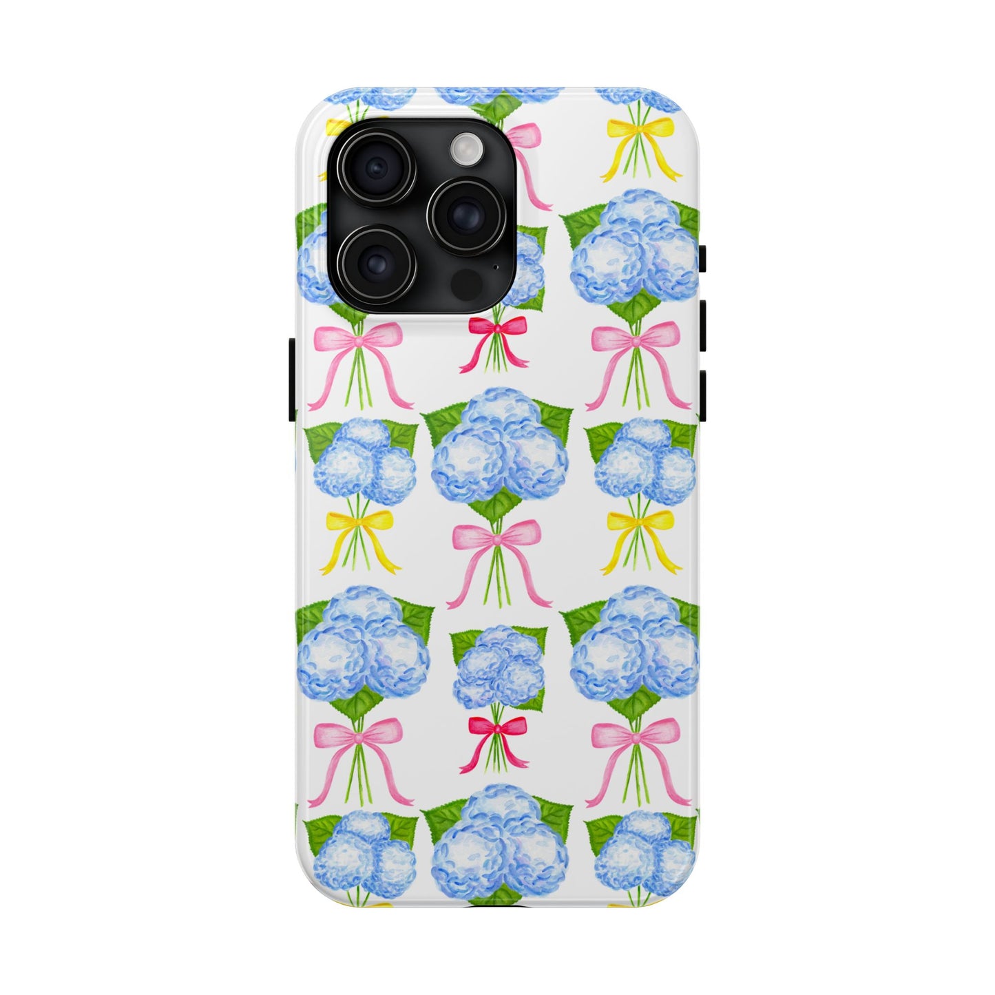 Blue Hydrangeas with Hot Pink, Yellow, Light Pink Bows Watercolor Illustrated Patterned Tough Phone Case | Various Models