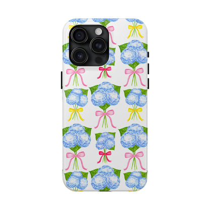 Blue Hydrangeas with Hot Pink, Yellow, Light Pink Bows Watercolor Illustrated Patterned Tough Phone Case | Various Models