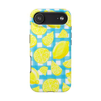 Yellow Lemons & Turquoise Gingham Watercolor Illustrated Tough Phone Case | Various Models Available