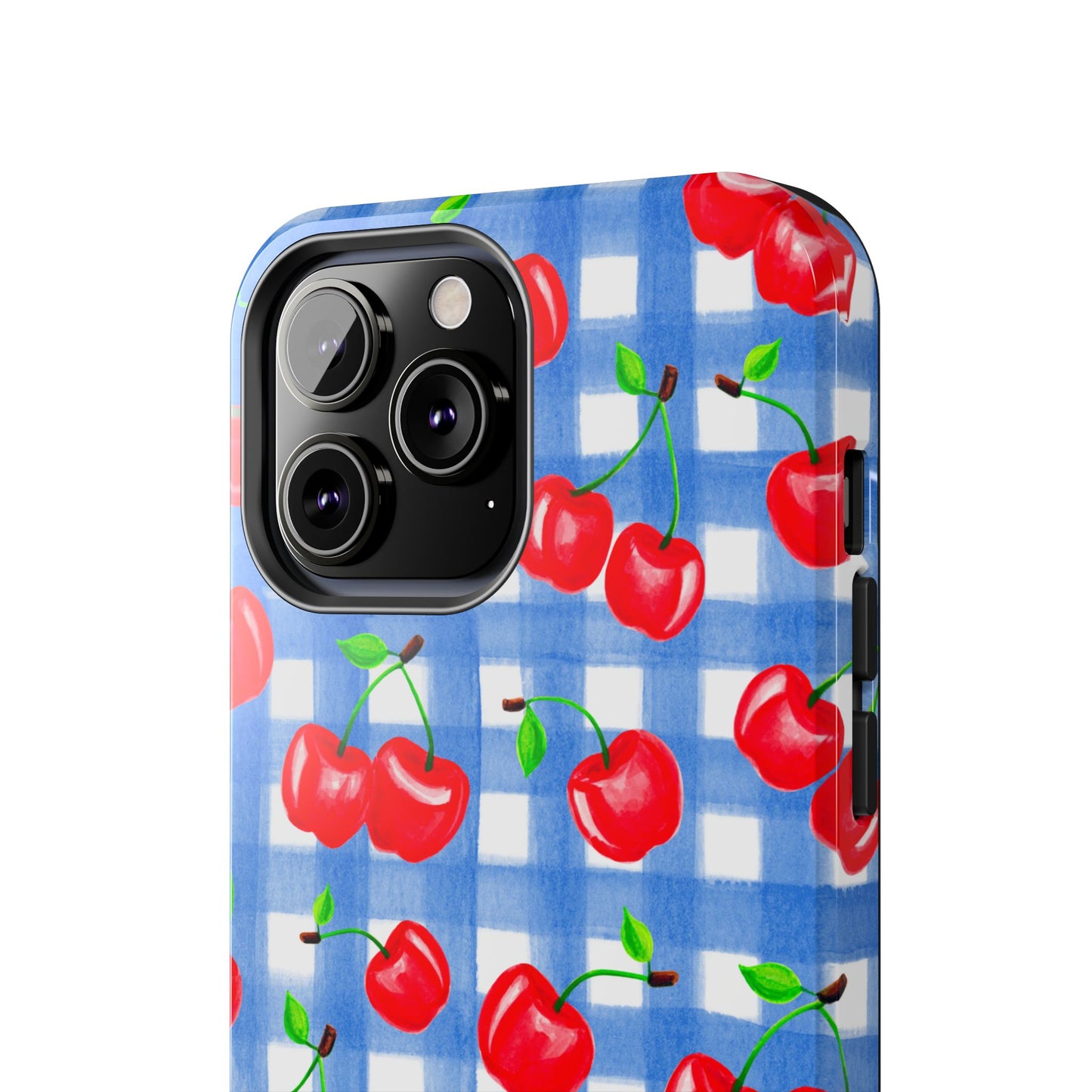 Tossed Red Watercolor Illustrated Cherries Light Blue Gingham Tough Phone Case | Various Models