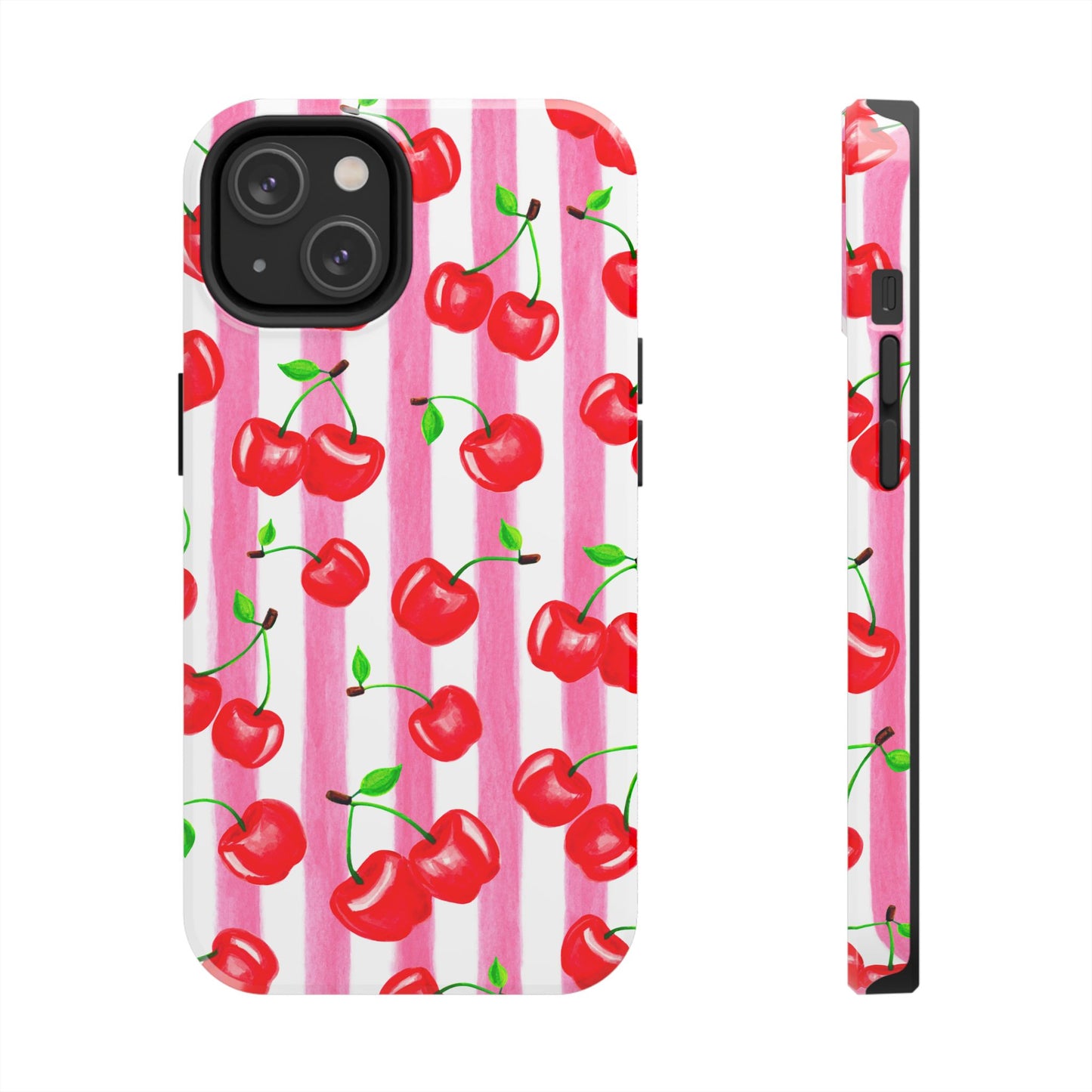 Tossed Red Watercolor Cherries Illustrated Pattern Light Pink Stripes Tough Phone Case | Various Models