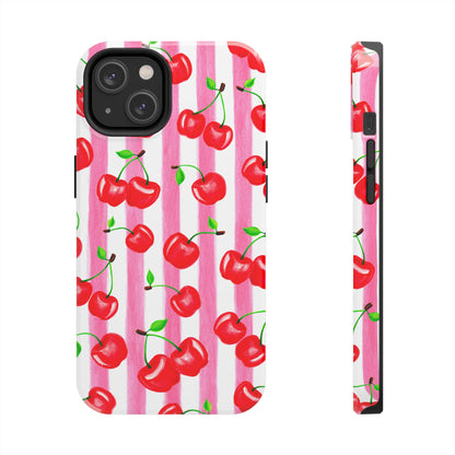 Tossed Red Watercolor Cherries Illustrated Pattern Light Pink Stripes Tough Phone Case | Various Models