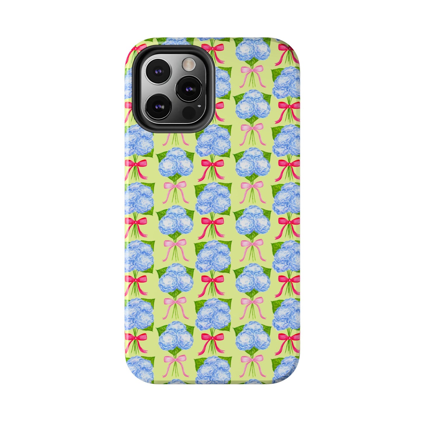 Watercolor Blue Hydrangea Bouquets with Hot Pink and Light Pink Bow Ribbons Illustrated Pattern Yellow Tough Phone Case | Various Models