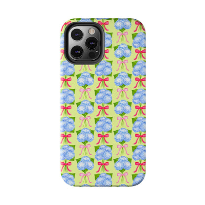 Watercolor Blue Hydrangea Bouquets with Hot Pink and Light Pink Bow Ribbons Illustrated Pattern Yellow Tough Phone Case | Various Models