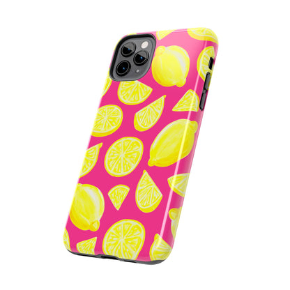 Bright Yellow Lemons Watercolor Illustrated Tossed Pattern Watermelon Pink Tough Phone Case | Various Models