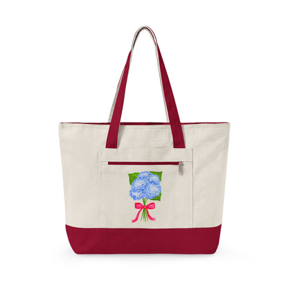 Blue Watercolor Hydrangeas with Hot Pink Bow Illustration Printed Zippered Canvas Tote 18" x 14" | Various Colors