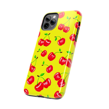 Tossed Red Watercolor Cherries Illustrated Pattern Bright Yellow Tough Phone Case | Various Models
