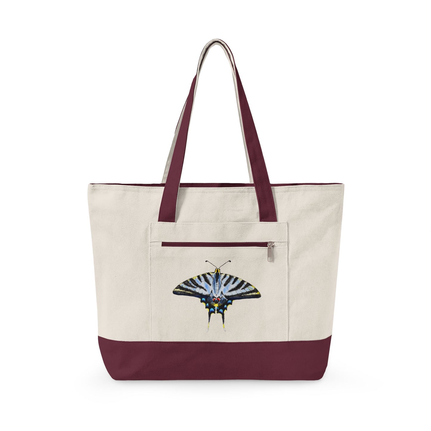 Light Blue Swallowtail Butterfly Watercolor Printed Zippered Canvas Tote 18" x 14" | Various Colors 18" x 14" x 4.5" Natural Maroon