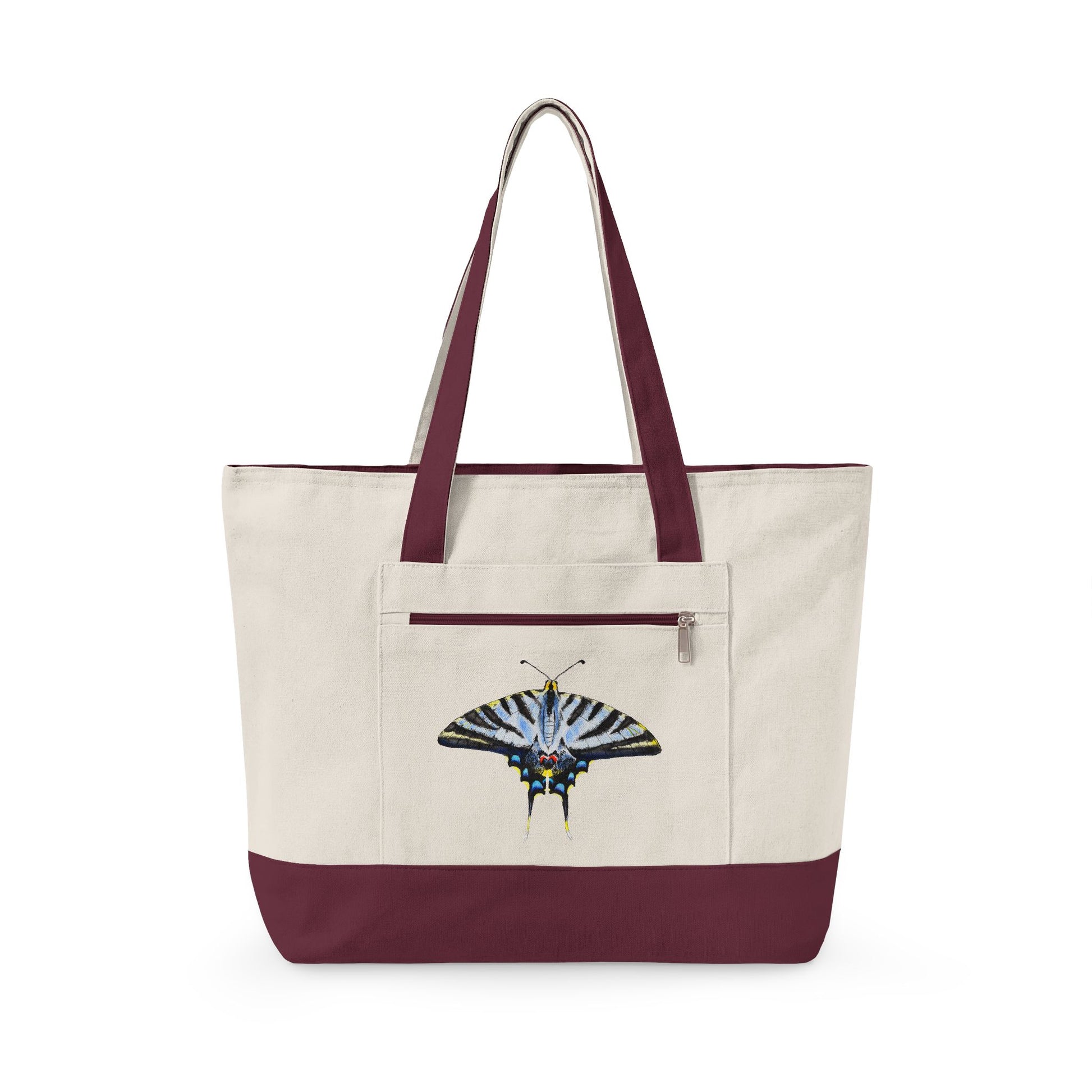 Light Blue Swallowtail Butterfly Watercolor Printed Zippered Canvas Tote 18" x 14" | Various Colors 18" x 14" x 4.5" Natural Maroon