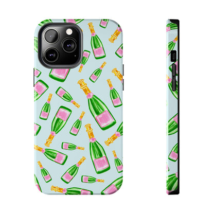Tossed Pink and Green Watercolor Illustrated Champagne Bottles Pattern Light Blue Tough Phone Case | Various Models