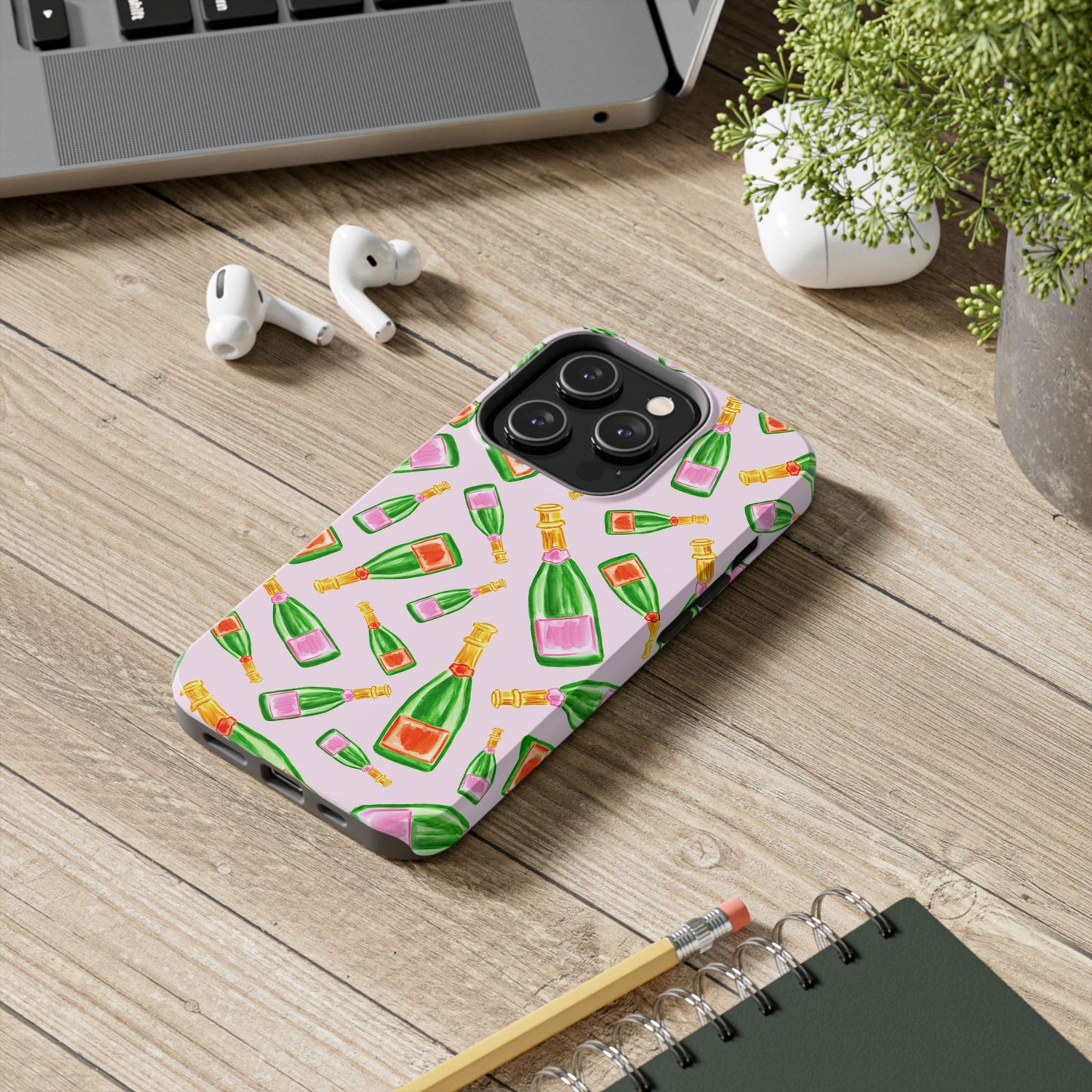 Tossed Pink and Green & Orange and Green Watercolor Illustrated Champagne Bottles Pattern Blush Pink Tough Phone Case | Various Models