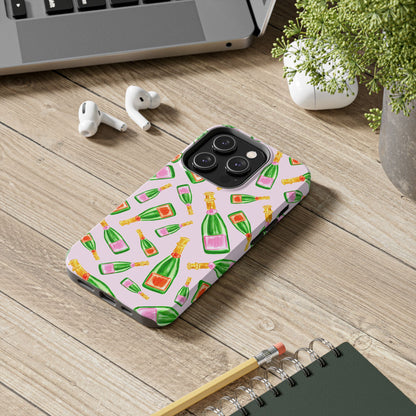 Tossed Pink and Green & Orange and Green Watercolor Illustrated Champagne Bottles Pattern Blush Pink Tough Phone Case | Various Models