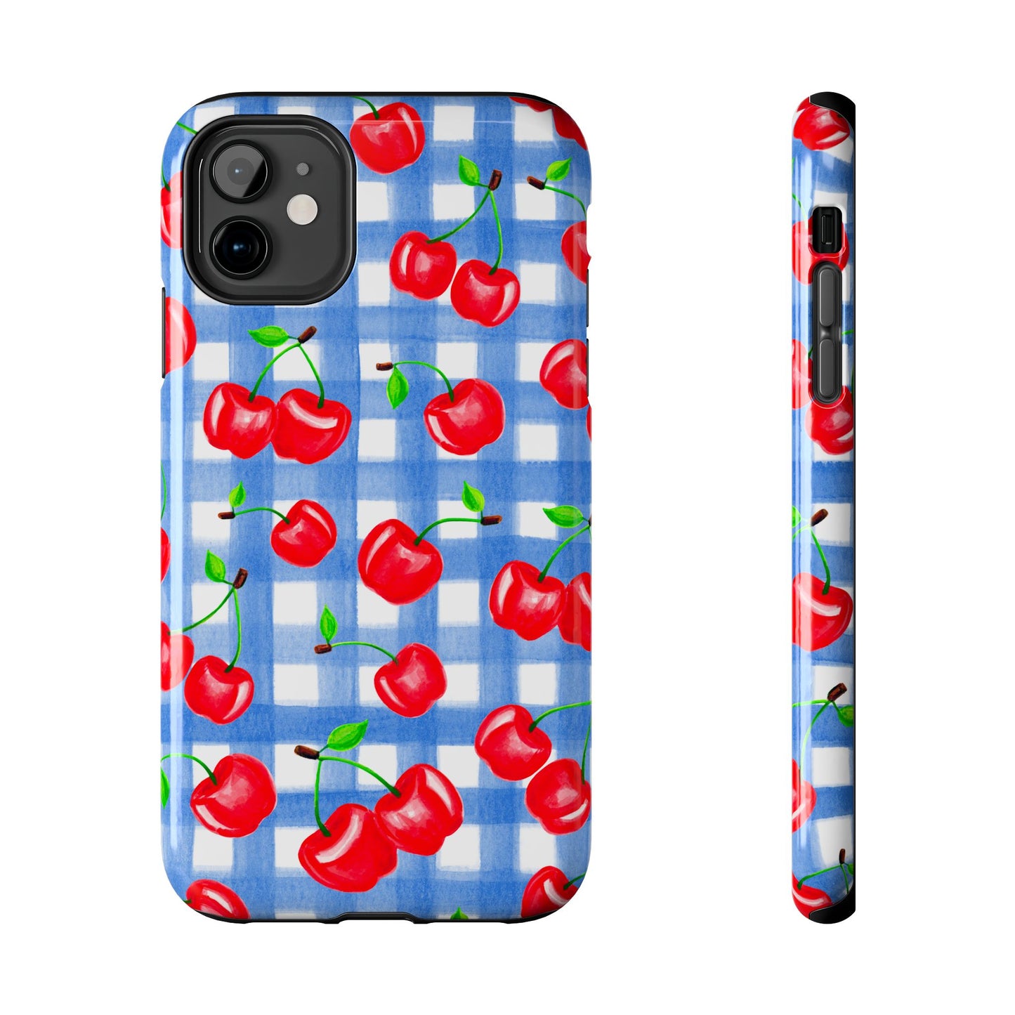 Tossed Red Watercolor Illustrated Cherries Light Blue Gingham Tough Phone Case | Various Models
