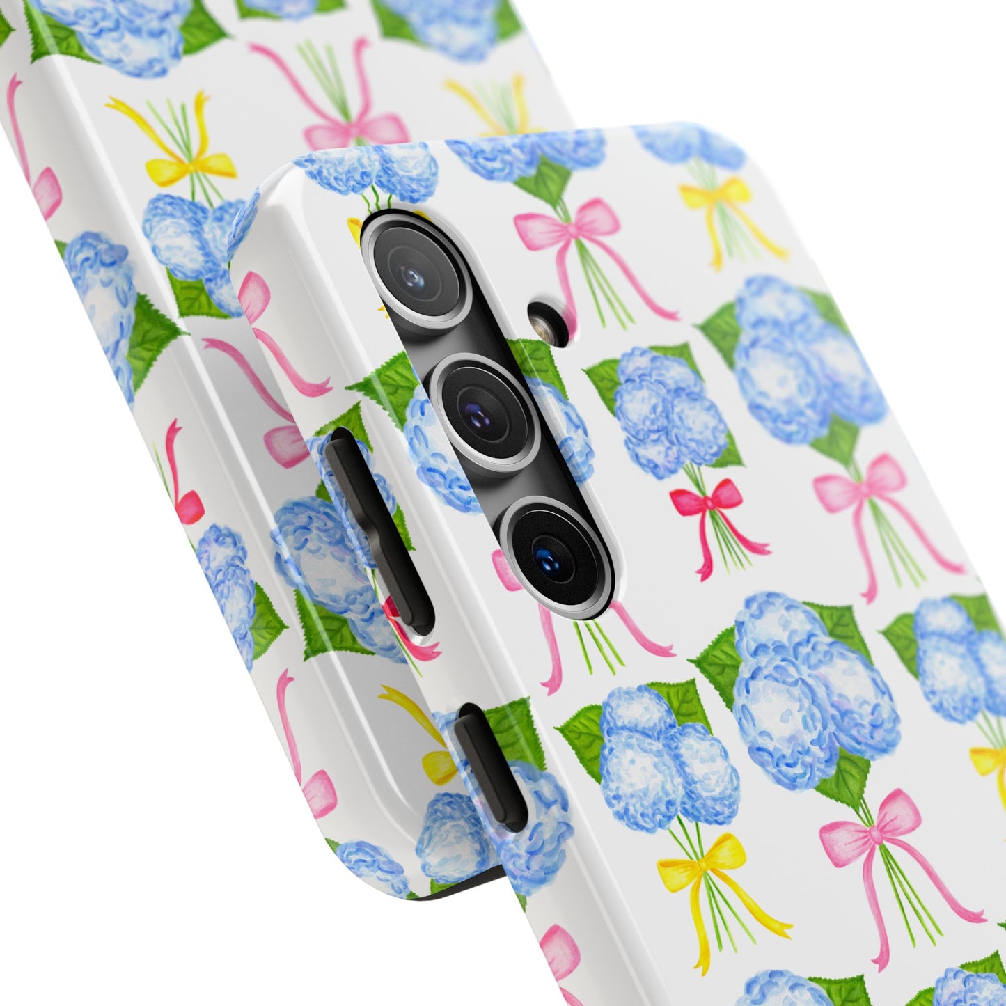 Blue Hydrangeas with Hot Pink, Yellow, Light Pink Bows Watercolor Illustrated Patterned Tough Phone Case | Various Models