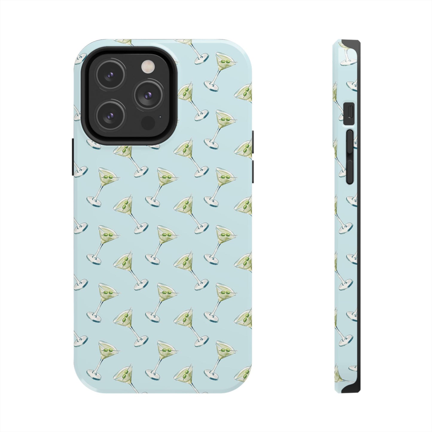 Blue Mini Martini Watercolor Illustrated Tossed Pattern Tough Phone Case | Various Models Available iPhone 14 Pro Max