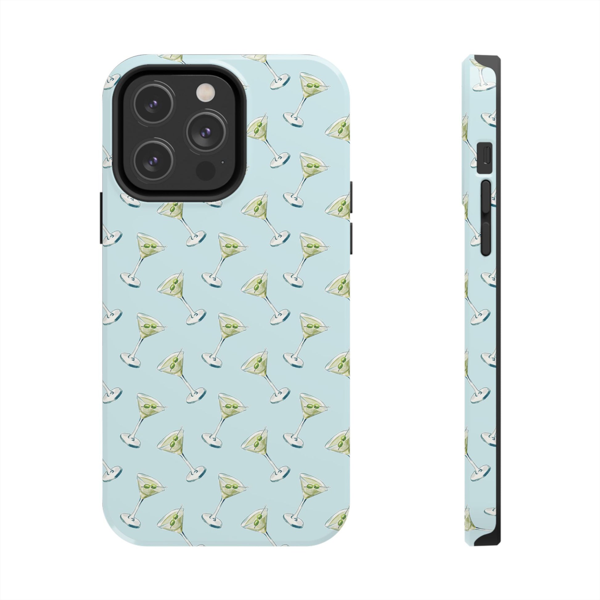 Blue Mini Martini Watercolor Illustrated Tossed Pattern Tough Phone Case | Various Models Available iPhone 14 Pro Max