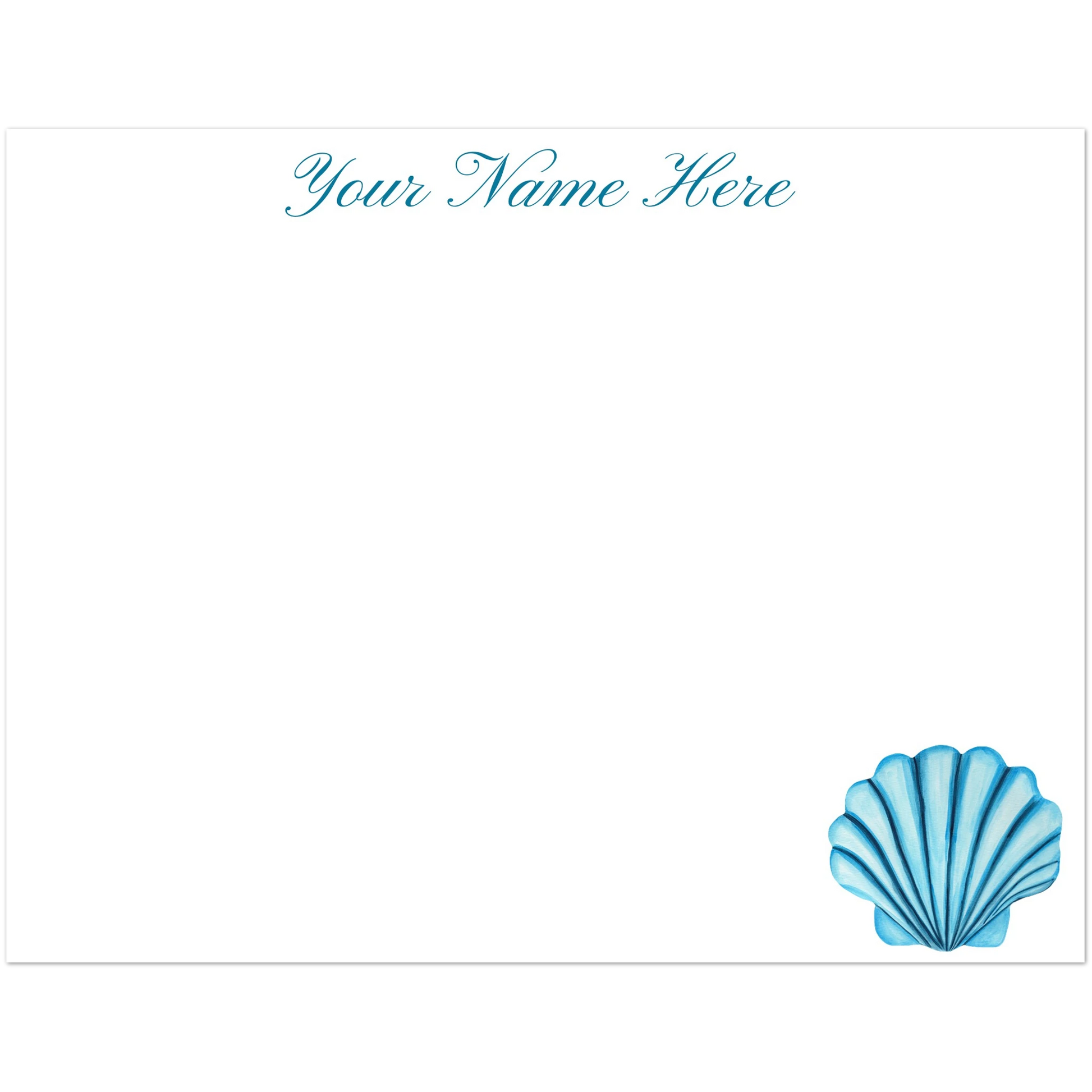 Personalized Blue or Turquoise Sea Shell Watercolor Illustrated Flat Notecards | Set of 10 Cards & Envelopes | 2 Sizes 4.25x5.5″ (SM) Turquoise