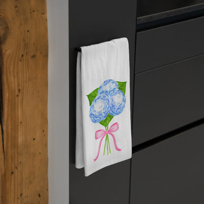 Tea Towel | Watercolor Blue Hydrangeas with Light Pink Bow Printed Illustration | Preppy Coastal Kitchen Decor Gifts