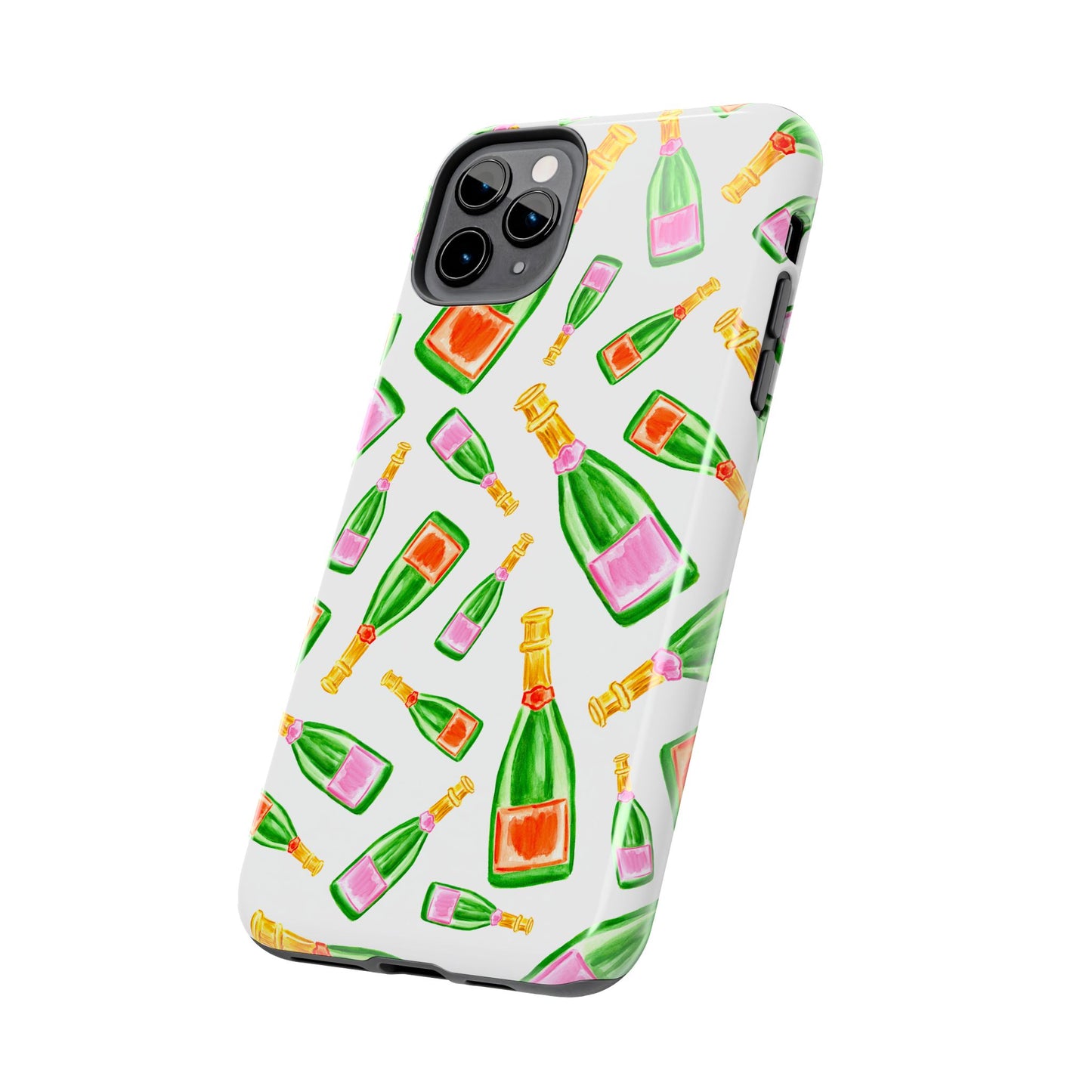 Tossed Pink and Green & Orange and Green Watercolor Illustrated Champagne Bottles Pattern Tough Phone Case | Various Models