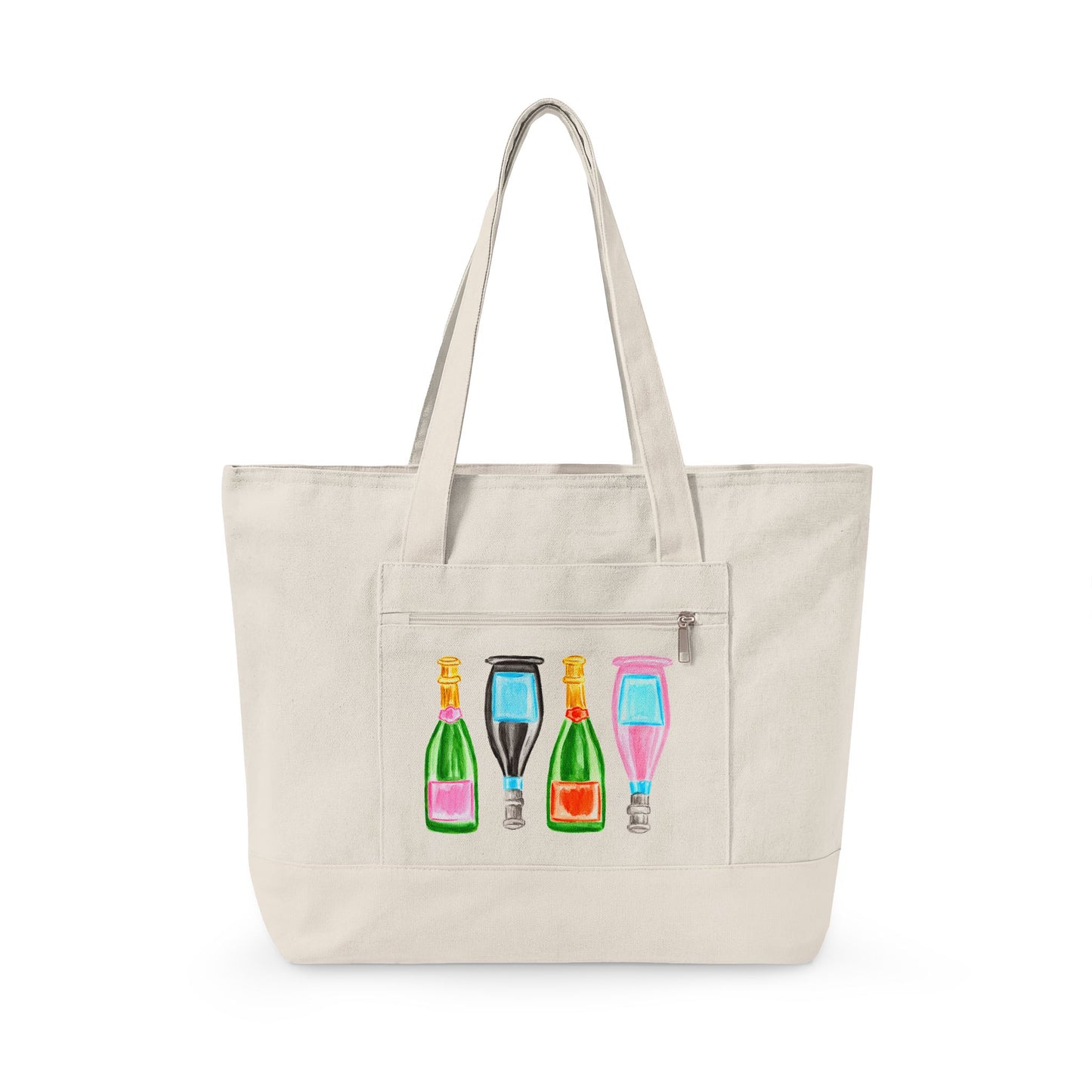 Canvas Book Tote | Pink & Green, Pink & Blue, Orange & Green Champagne Bottles Watercolor Printed Zippered Canvas Tote 18" x 14" | Various Colors