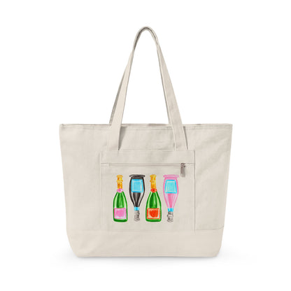 Canvas Book Tote | Pink & Green, Pink & Blue, Orange & Green Champagne Bottles Watercolor Printed Zippered Canvas Tote 18" x 14" | Various Colors