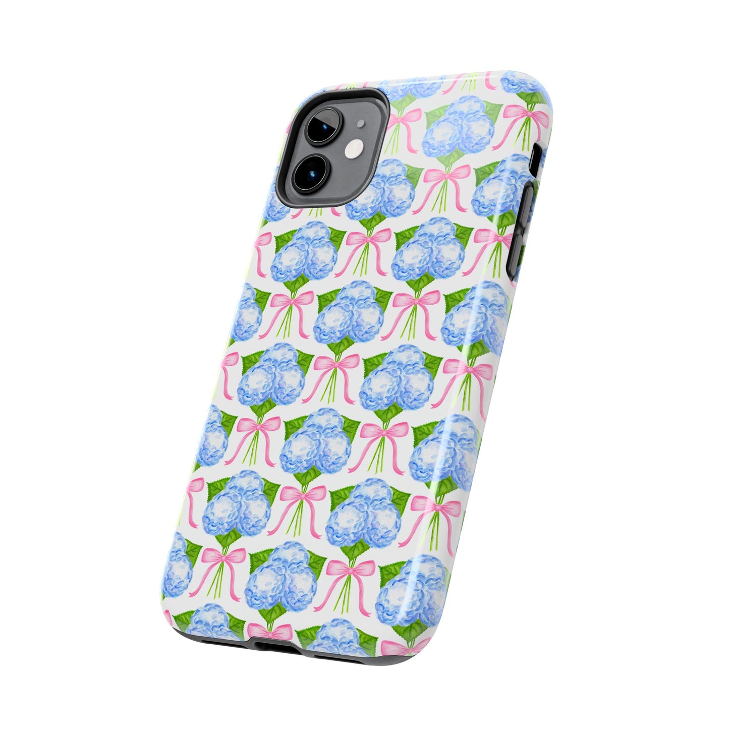 Blue Watercolor Hydrangea Bouqets with Light Pink Bows Watercolor Illustrated Patterned Tough Phone Case | Various Models
